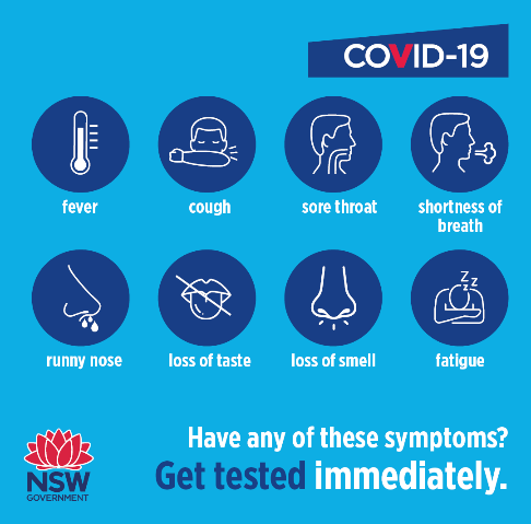 COVID 19 symptoms. Fever, cough, sore throat, shortness of breath, runny nose, loss of taste, loss of smell, fatigue..