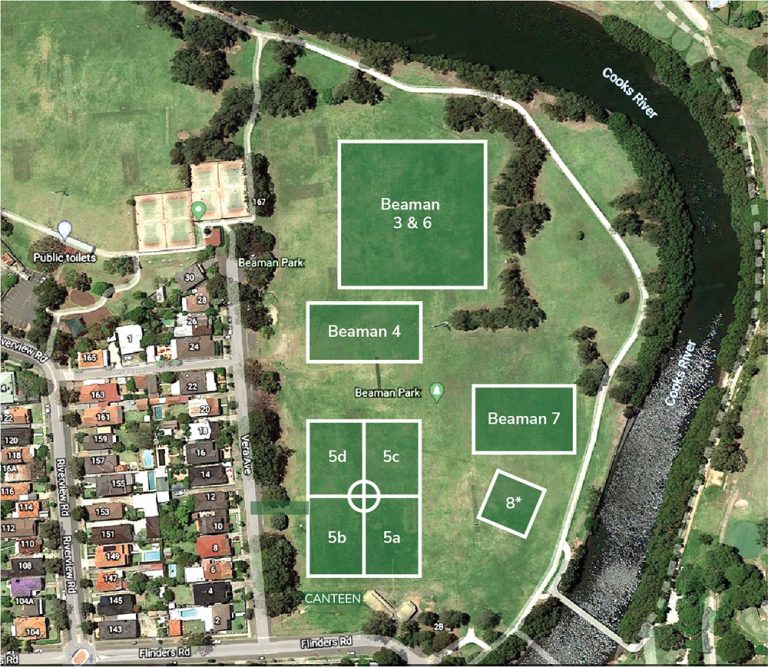 An aerial photo of Beaman Park with training pitches Beaman 3 and 6, Beaman 4, Beaman 7, Beaman 8 and 5A to 5D superimposed over the top